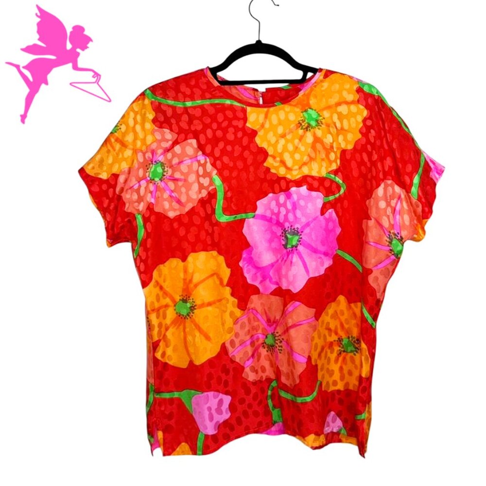 VINTAGE GAY BOYER Silk Giant Floral Print Top